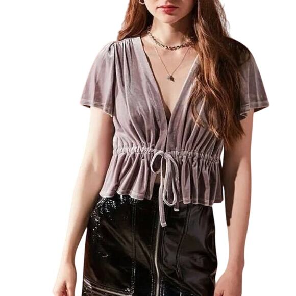 Urban Outfitters Tops - Urban Outfitters Goldie Velvet Tie Top Flutter Sleeve Size Small Silver Velour